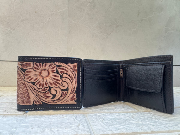 Hand Tooled Leather Long Zipper Men's Wallet Fashionable Brown Colour Cash Holder Gift for Him