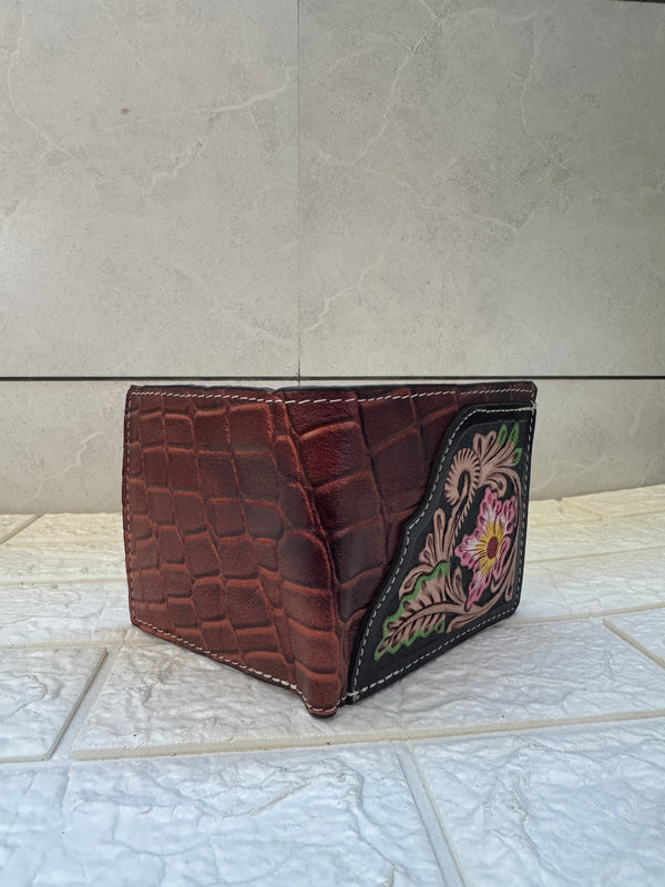 Men's Wallet Hand Tooled Leather Dark Brown Flower Print Cash Holder Gift for Him