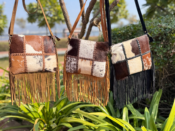 Western Pattern Hair on Hide Fur Fringe Leather Sling Bag Patches Cowhide Fur Cross body Handbag