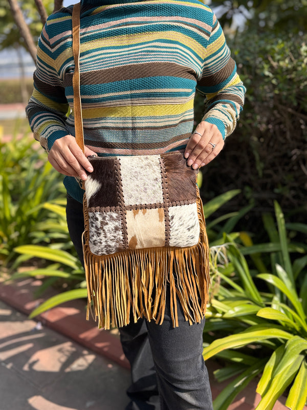 Western Pattern Hair on Hide Fur Fringe Leather Sling Bag Patches Cowhide Fur Cross body Handbag