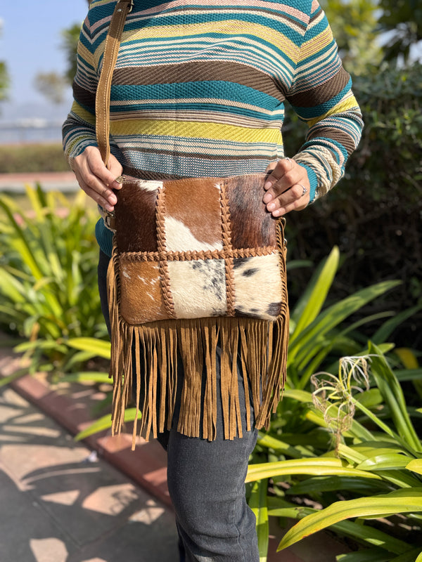 Western Pattern Hair on Hide Fur Fringe Leather Sling Bag Patches Cowhide Fur Cross body Handbag