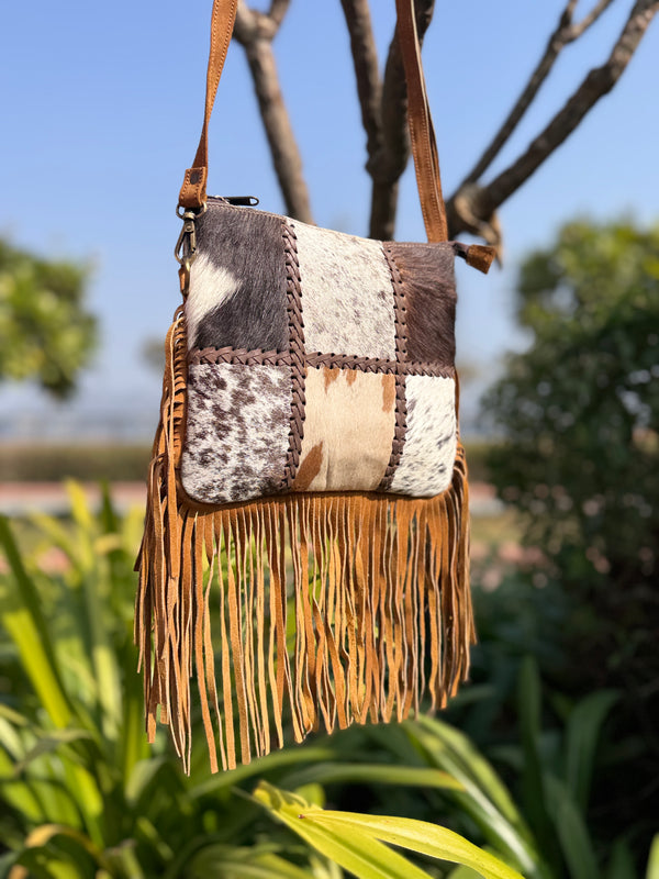 Western Pattern Hair on Hide Fur Fringe Leather Sling Bag Patches Cowhide Fur Cross body Handbag