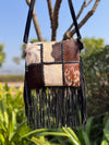 Western Pattern Hair on Hide Fur Fringe Leather Sling Bag Patches Cowhide Fur Cross body Handbag