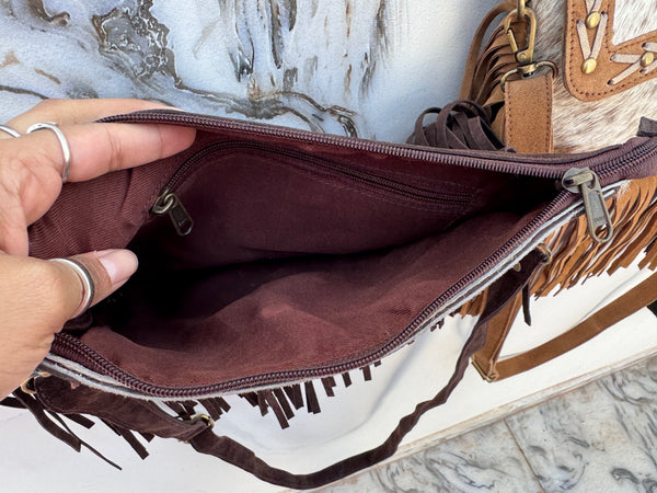 Cowhide Leather Fringe Handbag Turquoise Stone Sling Bag Bohemian Tassel Fringe Bag