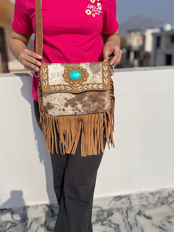 Cowhide Leather Fringe Handbag Turquoise Stone Sling Bag Bohemian Tassel Fringe Bag