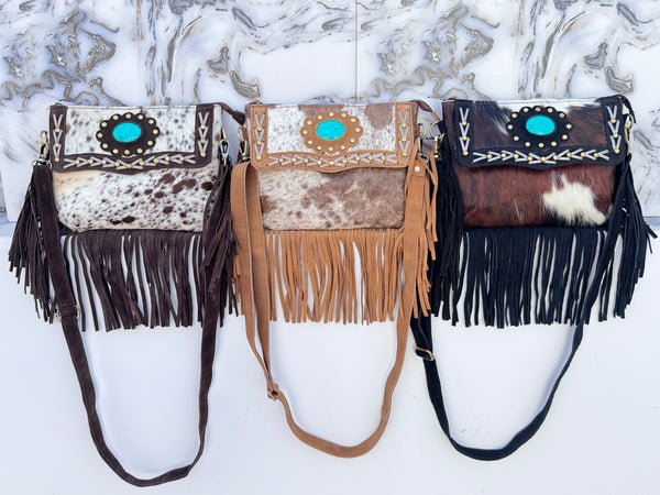 Cowhide Leather Fringe Handbag Turquoise Stone Sling Bag Bohemian Tassel Fringe Bag