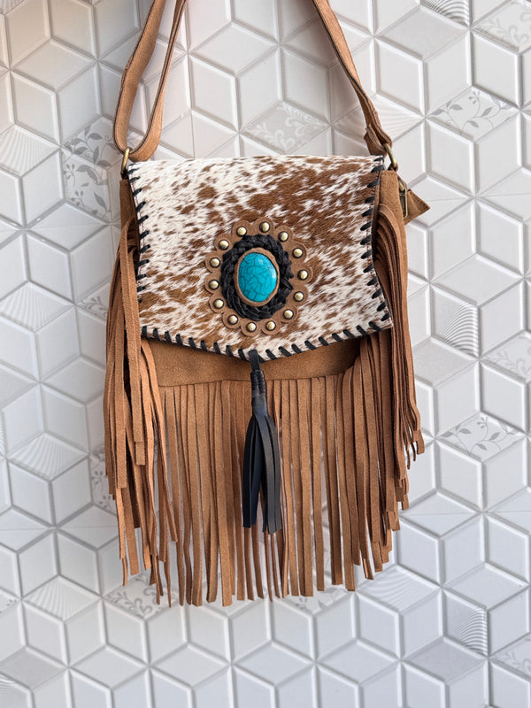Suede Leather Fringe Handbag Western Hair On Hide Cross Body Gems Stone Women Sling Purse