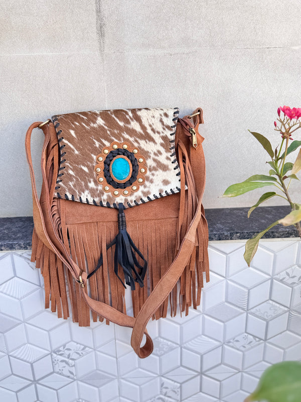 Suede Leather Fringe Handbag Western Hair On Hide Cross Body Gems Stone Women Sling Purse