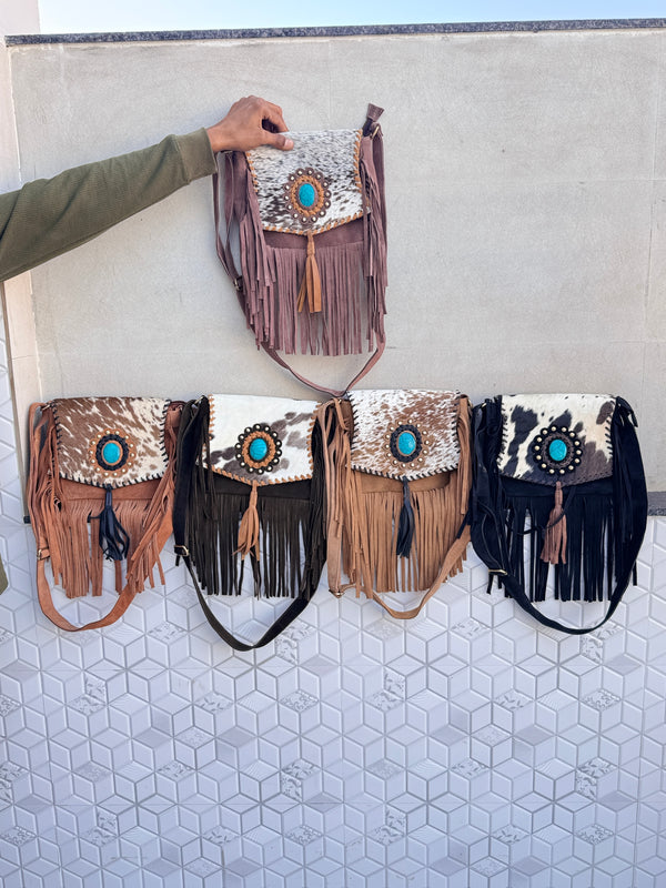 Suede Leather Fringe Handbag Western Hair On Hide Cross Body Gems Stone Women Sling Purse