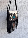 Suede Leather Fringe Handbag Western Hair On Hide Cross Body Gems Stone Women Sling Purse