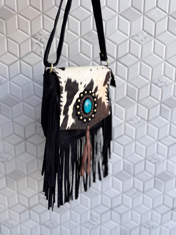 Suede Leather Fringe Handbag Western Hair On Hide Cross Body Gems Stone Women Sling Purse