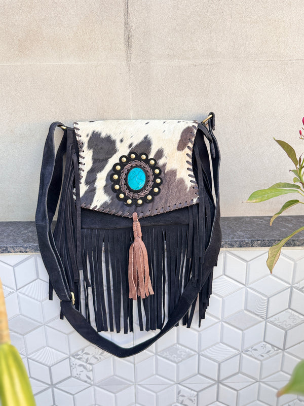 Suede Leather Fringe Handbag Western Hair On Hide Cross Body Gems Stone Women Sling Purse