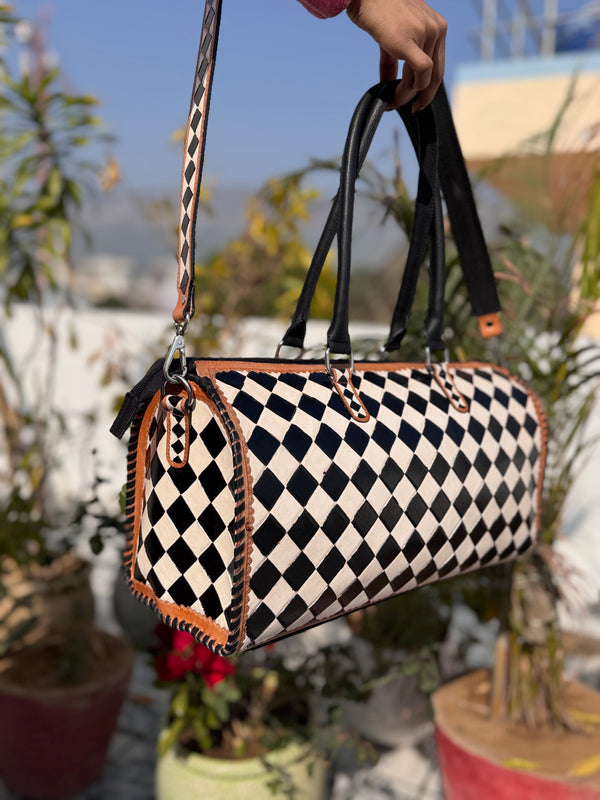 Hand Tooled Leather Luggage Bags Checkers Pattern Handmade Bag Unisex Travel Bag Big Size Handbag