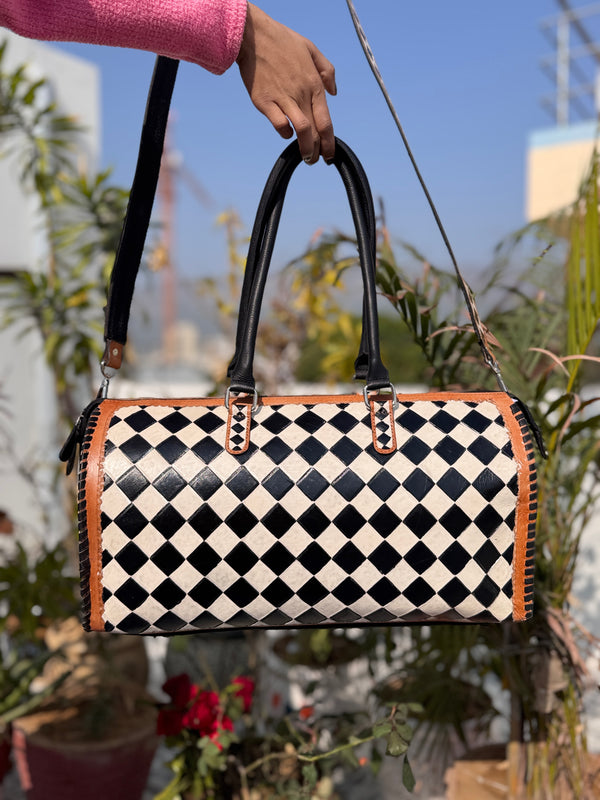 Hand Tooled Leather Luggage Bags Checkers Pattern Handmade Bag Unisex Travel Bag Big Size Handbag