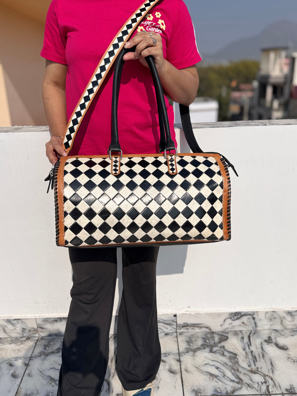 Hand Tooled Leather Luggage Bags Checkers Pattern Handmade Bag Unisex Travel Bag Big Size Handbag