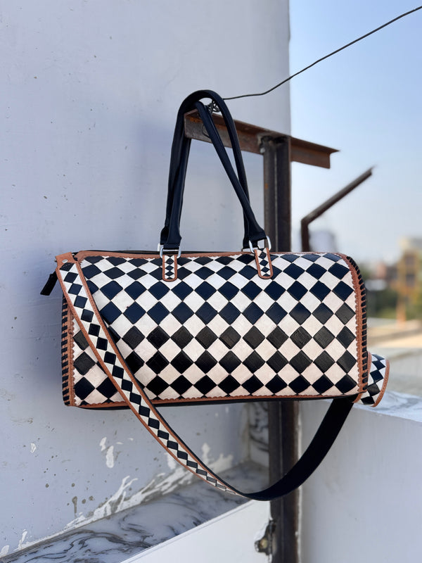 Hand Tooled Leather Luggage Bags Checkers Pattern Handmade Bag Unisex Travel Bag Big Size Handbag