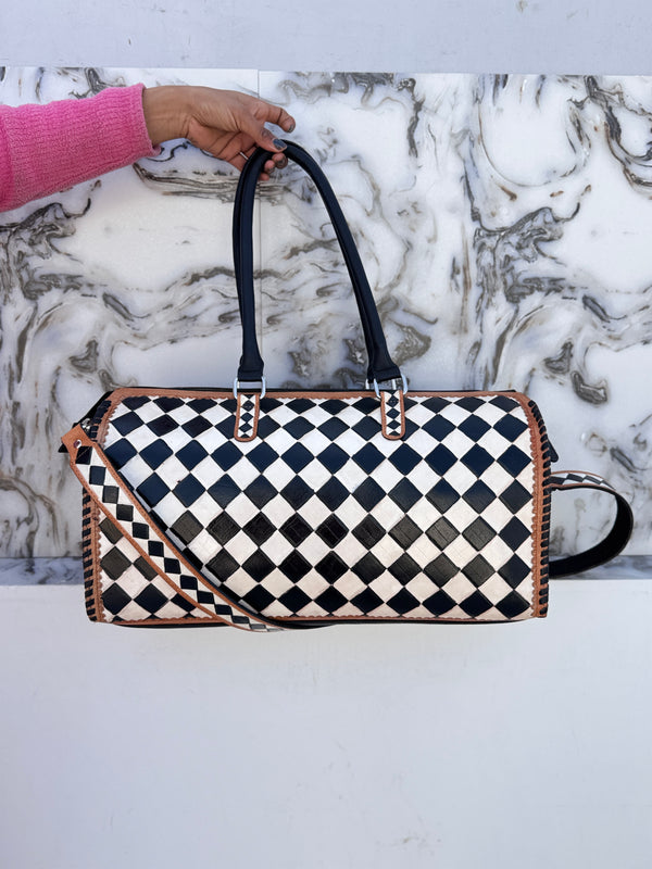 Hand Tooled Leather Luggage Bags Checkers Pattern Handmade Bag Unisex Travel Bag Big Size Handbag