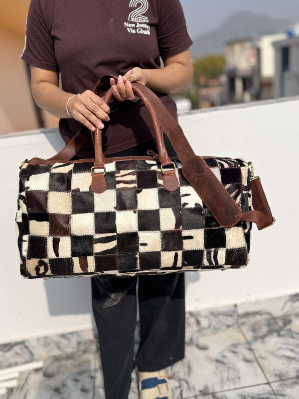 Real Cowhide Leather Luggage Bags Checks Design Handmade Bag Unisex Travel Bag