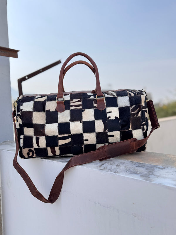 Real Cowhide Leather Luggage Bags Checks Design Handmade Bag Unisex Travel Bag