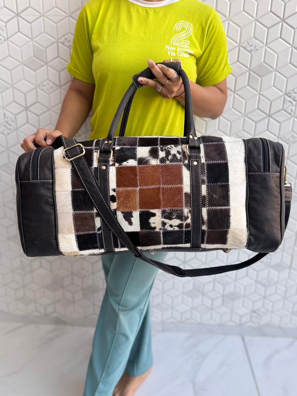 Western Pattern Cowhide Leather Luggage Bags Checks Design Handmade Bag Unisex Travel Duffel Bag