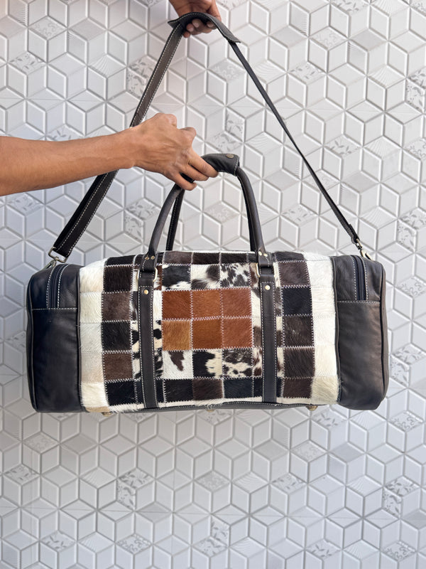 Western Pattern Cowhide Leather Luggage Bags Checks Design Handmade Bag Unisex Travel Duffel Bag