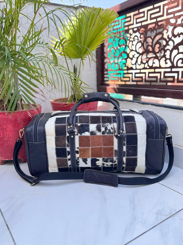 Western Pattern Cowhide Leather Luggage Bags Checks Design Handmade Bag Unisex Travel Duffel Bag
