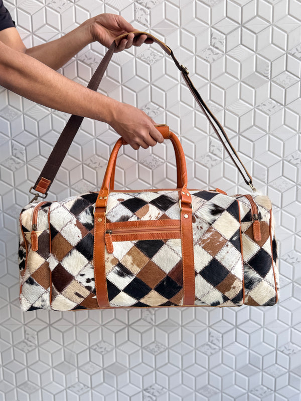 Cowhide Leather Luggage Bags Checks Design Handmade Bag Unisex TravelDuffel Bag