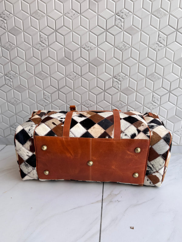 Cowhide Leather Luggage Bags Checks Design Handmade Bag Unisex TravelDuffel Bag