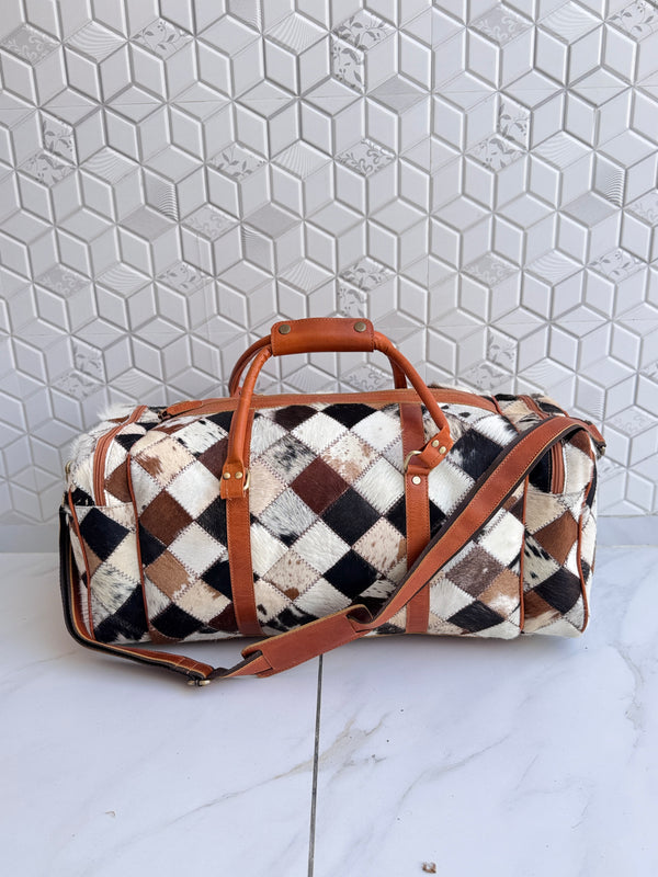 Cowhide Leather Luggage Bags Checks Design Handmade Bag Unisex TravelDuffel Bag