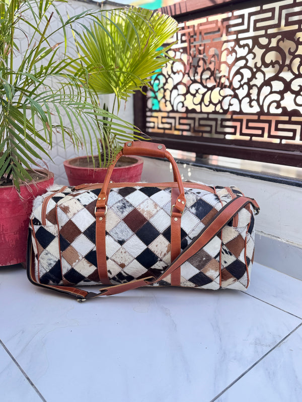 Cowhide Leather Luggage Bags Checks Design Handmade Bag Unisex TravelDuffel Bag