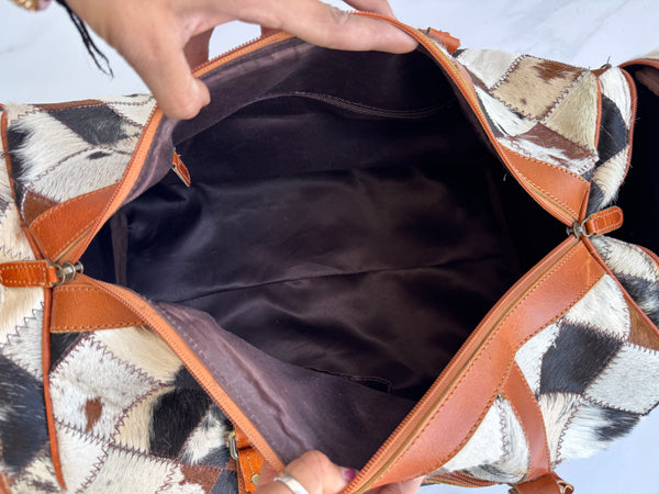 Cowhide Leather Luggage Bags Checks Design Handmade Bag Unisex TravelDuffel Bag