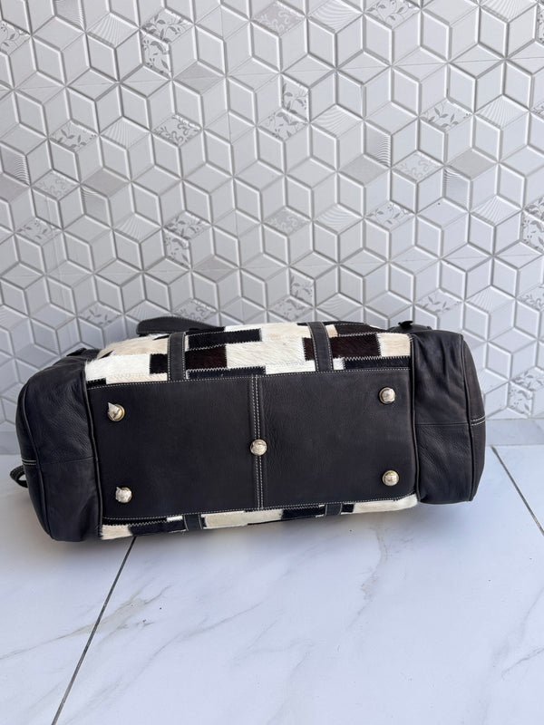 Cowhide Leather Luggage Bags Checks Design Handmade Bag Unisex Travel Duffel Bag