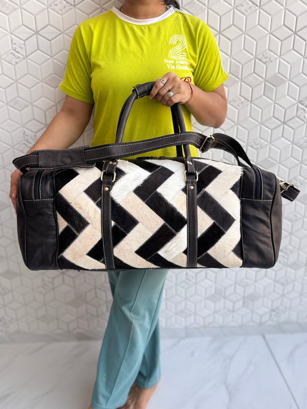Cowhide Leather Luggage Bags Checks Design Handmade Bag Unisex TravelDuffel Bag