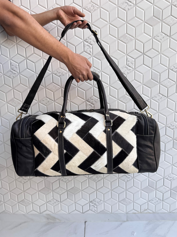 Cowhide Leather Luggage Bags Checks Design Handmade Bag Unisex TravelDuffel Bag