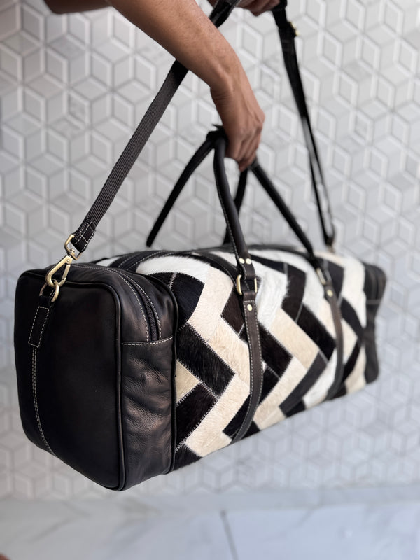 Cowhide Leather Luggage Bags Checks Design Handmade Bag Unisex TravelDuffel Bag