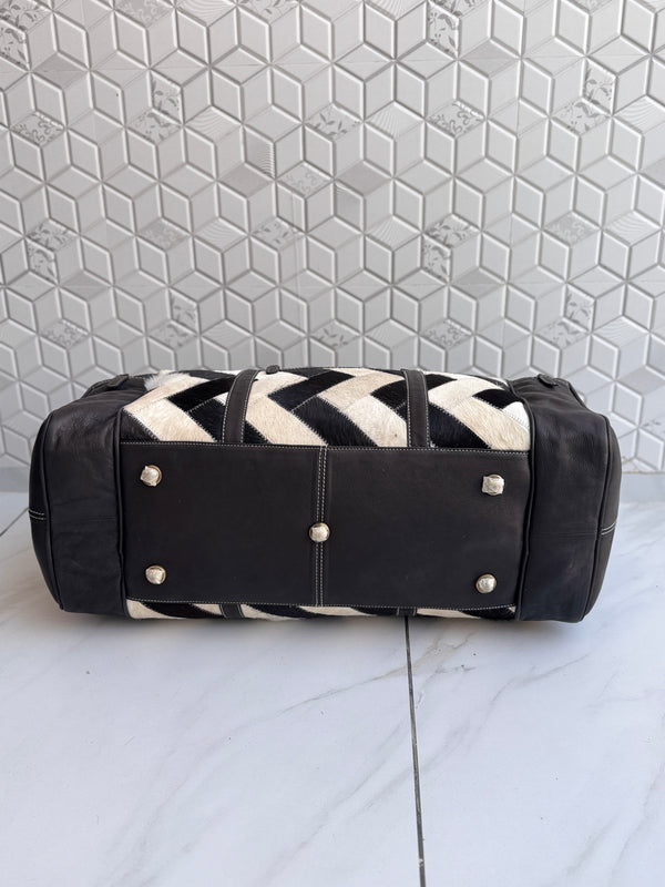 Cowhide Leather Luggage Bags Checks Design Handmade Bag Unisex TravelDuffel Bag
