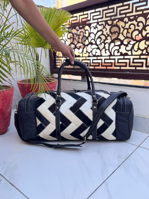 Cowhide Leather Luggage Bags Checks Design Handmade Bag Unisex TravelDuffel Bag