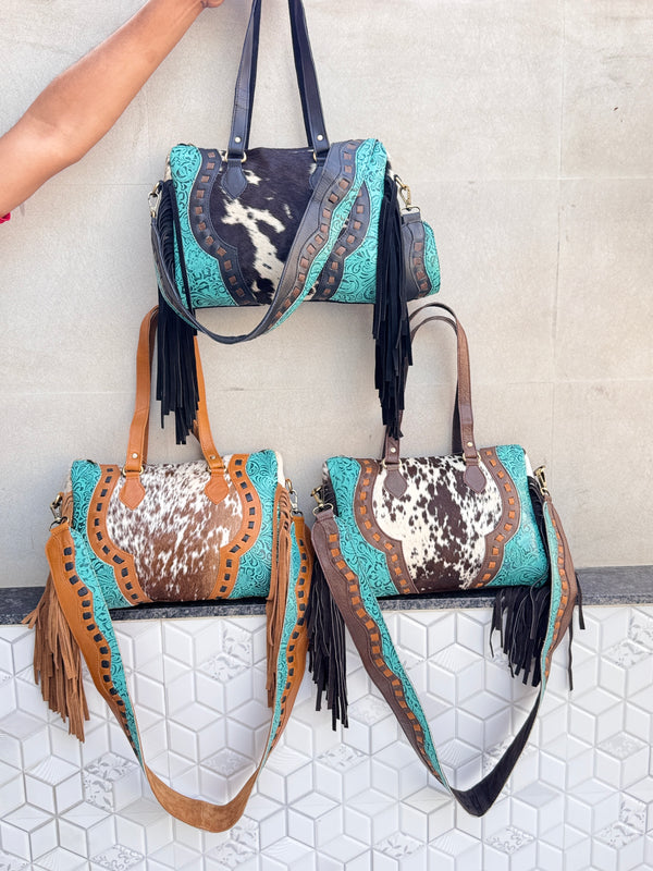 Cowhide Leather Hand Tooled Carving Leather Fringe Tote Bag Stylish Leather Bags for Women's