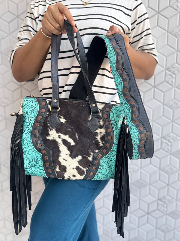 Cowhide Leather Hand Tooled Carving Leather Fringe Tote Bag Stylish Leather Bags for Women's