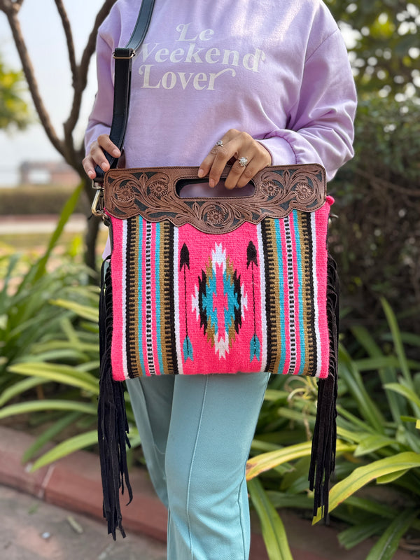 Hand Tooled Fringe Handbag Jacquard New Design Bohemian Aztec Fabric Bags Stylish Bags for Women
