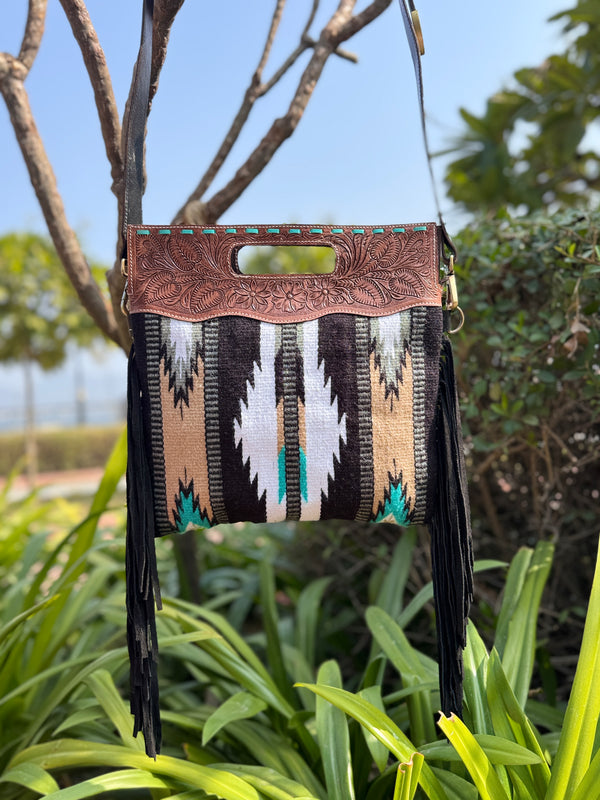 Hand Tooled Fringe Handbag Jacquard Leather Sling Bohemian Aztec Saddle Blanket Bags
