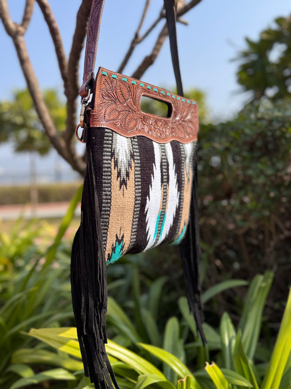 Hand Tooled Fringe Handbag Jacquard Leather Sling Bohemian Aztec Saddle Blanket Bags