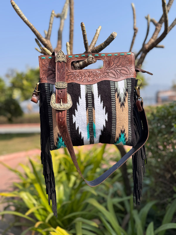 Hand Tooled Fringe Handbag Jacquard Leather Sling Bohemian Aztec Saddle Blanket Bags