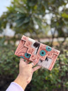Real Cowhide Fur Leather Clutch Hand Tooled Carving Turquoise Colour Leather Credit Cards Cash Wallet Gifts