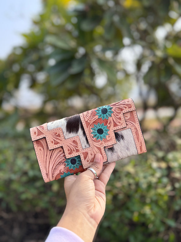 Real Cowhide Fur Leather Clutch Hand Tooled Carving Turquoise Colour Leather Credit Cards Cash Wallet Gifts