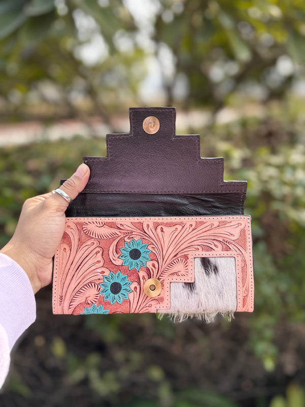 Real Cowhide Fur Leather Clutch Hand Tooled Carving Turquoise Colour Leather Credit Cards Cash Wallet Gifts