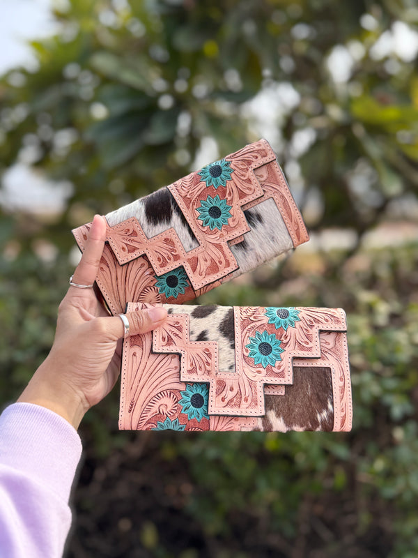 Real Cowhide Fur Leather Clutch Hand Tooled Carving Turquoise Colour Leather Credit Cards Cash Wallet Gifts