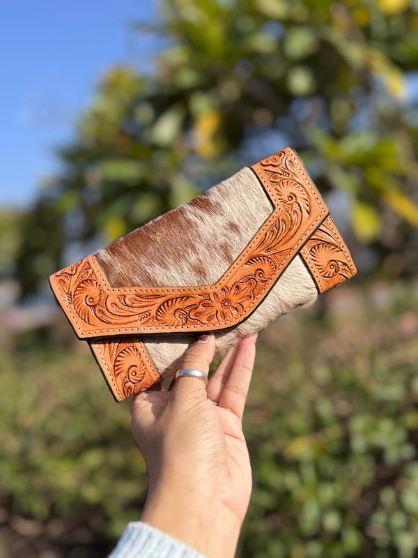 Hand Tooled Carving Wallet Clutch Stylish Cowhide Fur Leather Wallet