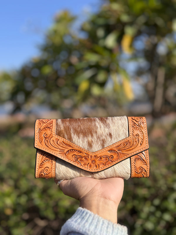 Hand Tooled Carving Wallet Clutch Stylish Cowhide Fur Leather Wallet