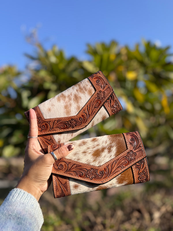 Hand Tooled Carving Wallet Clutch Stylish Cowhide Fur Leather Wallet